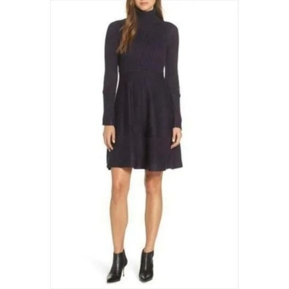 Eliza J Navy Blue Long Sleeve Turtleneck Sweater Fit & Flare Mini Dress Sz Small - Picture 2 of 11